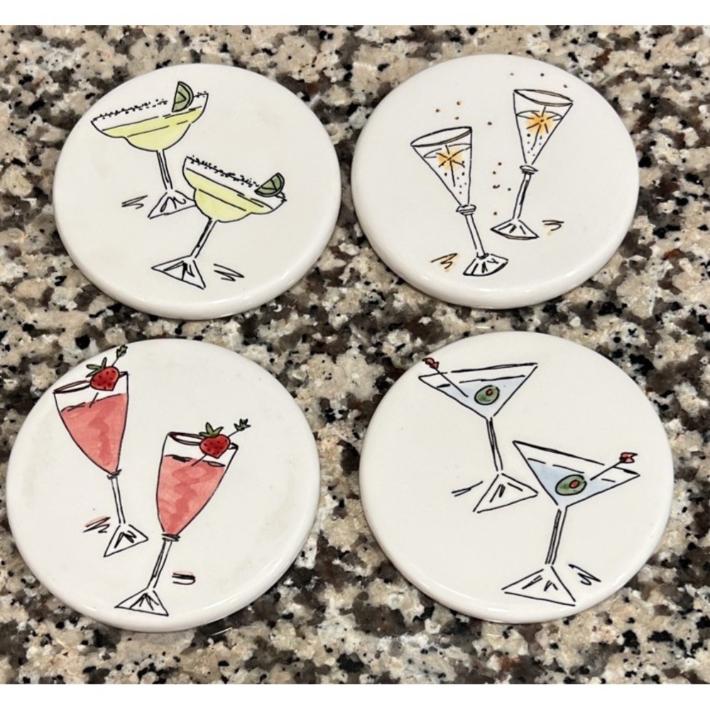 Set Of 4 Studio Nova Coasters Cocktail Time Ceramic Margarita Martini Cork Back